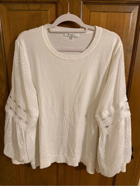 Siani Milano White Knit Sweater Crochet Swiss Dot Balloon Sleeve 1X